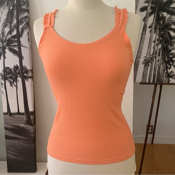 Pink MStyle Peachy orange ribbed tank top with ruffled shoulder straps. - Picture 1 of 12
